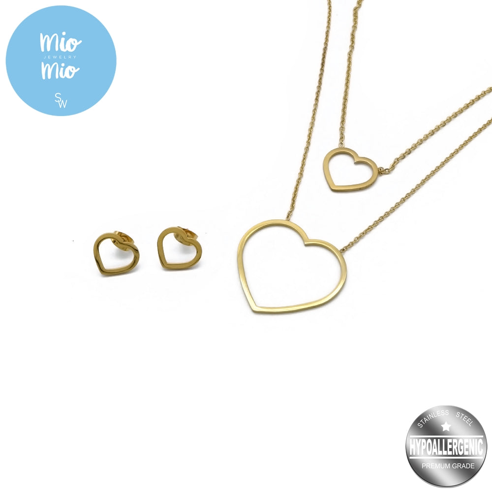 Mio Mio by Silverworks Thin Open Heart SAB Earrings and Necklace Set - Fashion for Women X4094/X4097