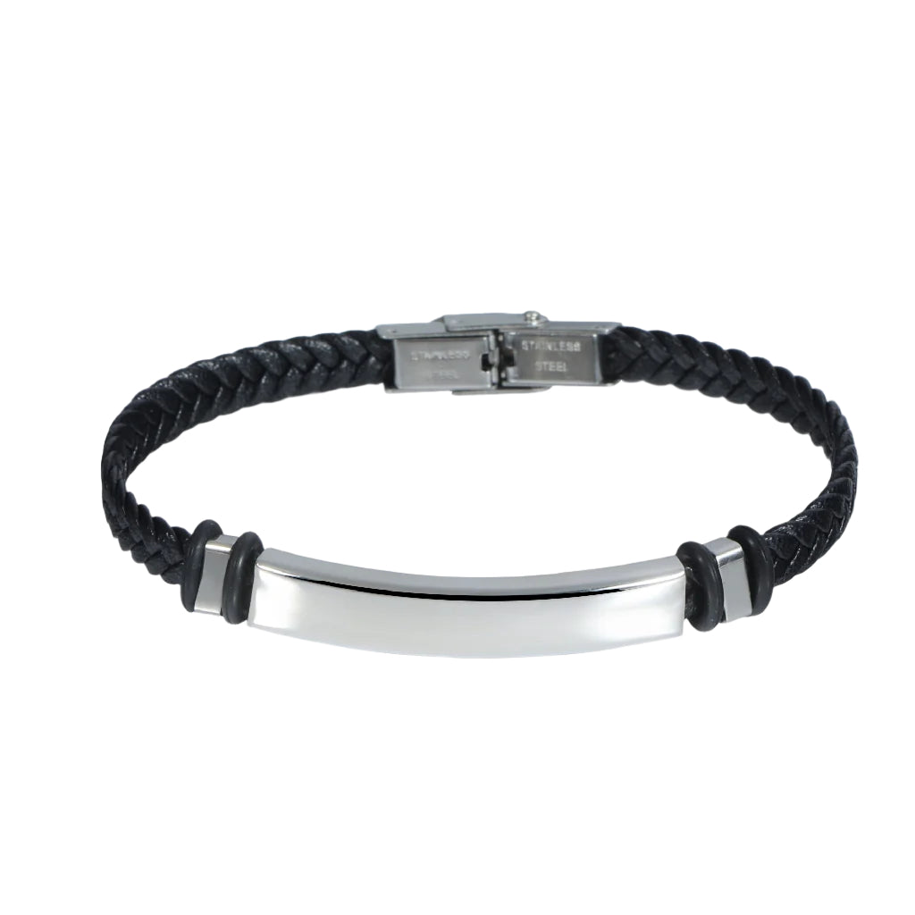 Greta ID Bar Stainless Steel in Braided Leather Bracelet | SilverWorks