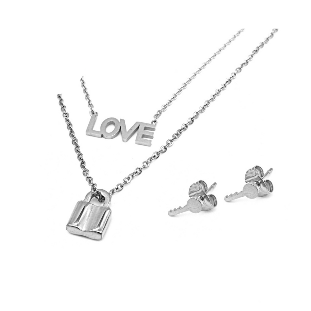 Mio Mio by Silverworks Love and KeyPadlock Earring&Necklace Set-Fashion Accessory for WomenX4417/X18