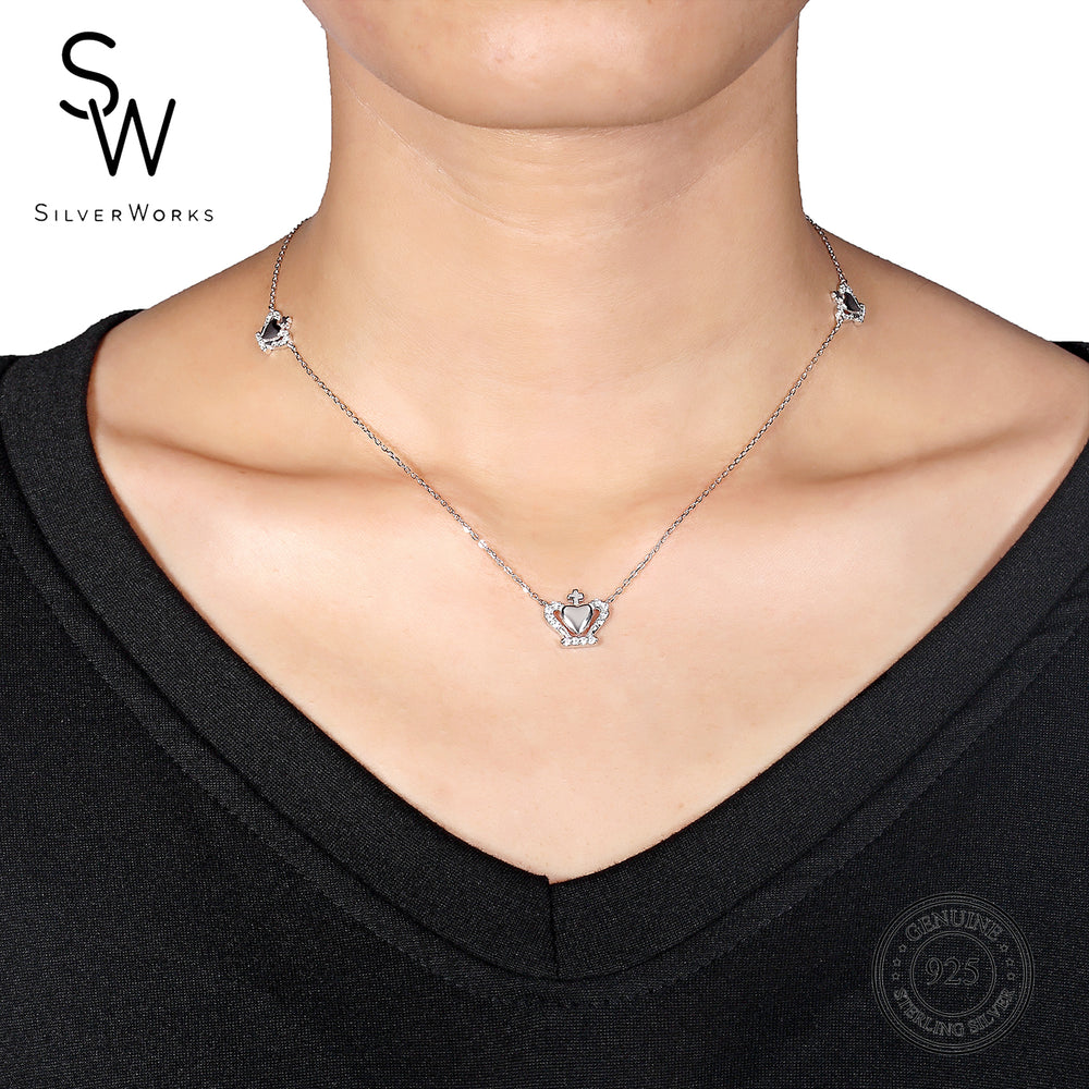 Halyn Silver Heart-Shaped Crown Necklace with Cubic Zirconia