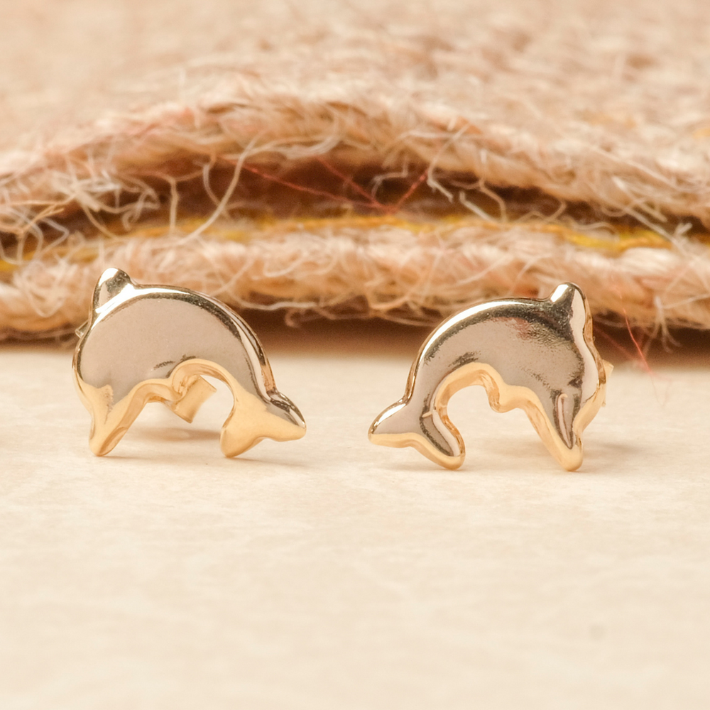 
                
                    Load image into Gallery viewer, SW Premium 14 Karat Yellow Gold Dolphin Stud Earrings
                
            