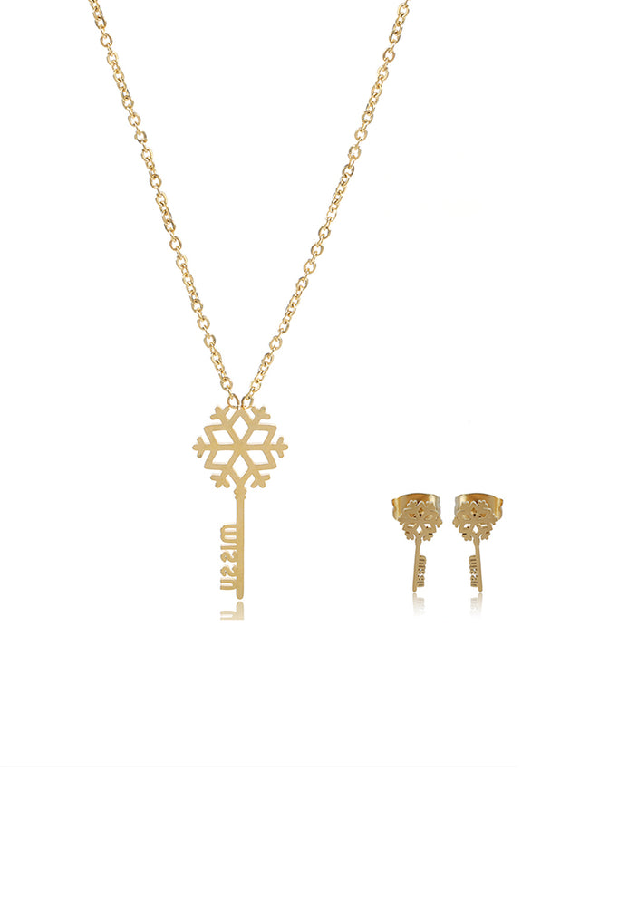 
                
                    Load image into Gallery viewer, Gold Plated Snowflakes-Key Earrings and Necklace Set
                
            