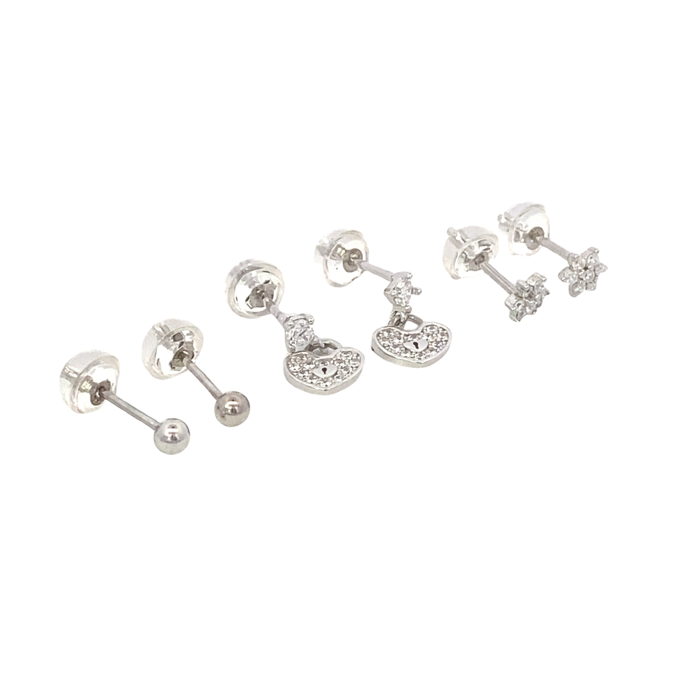 Santana Silver Microstud Earrings Set Round Flower and Heart with Cubic Zirconia
