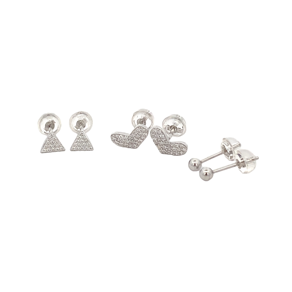 Shahira Silver Microstud Earrings Set Round Heart and Triangle with Cubic Zirconia
