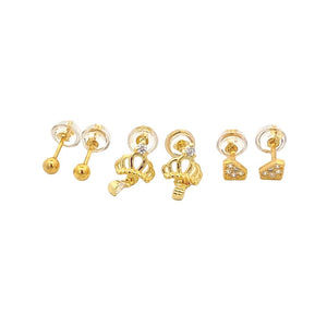 
                
                    Load image into Gallery viewer, Silverworks Set of Crown, Diamond and Round Dainty Stud Earrings Gold Plated - MicroStud Collection S740
                
            