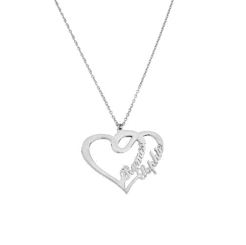 Rounded Script Double Heart Personalized Name Necklace | SilverWorks