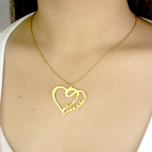 Rounded Script Double Heart Personalized Name Necklace | SilverWorks