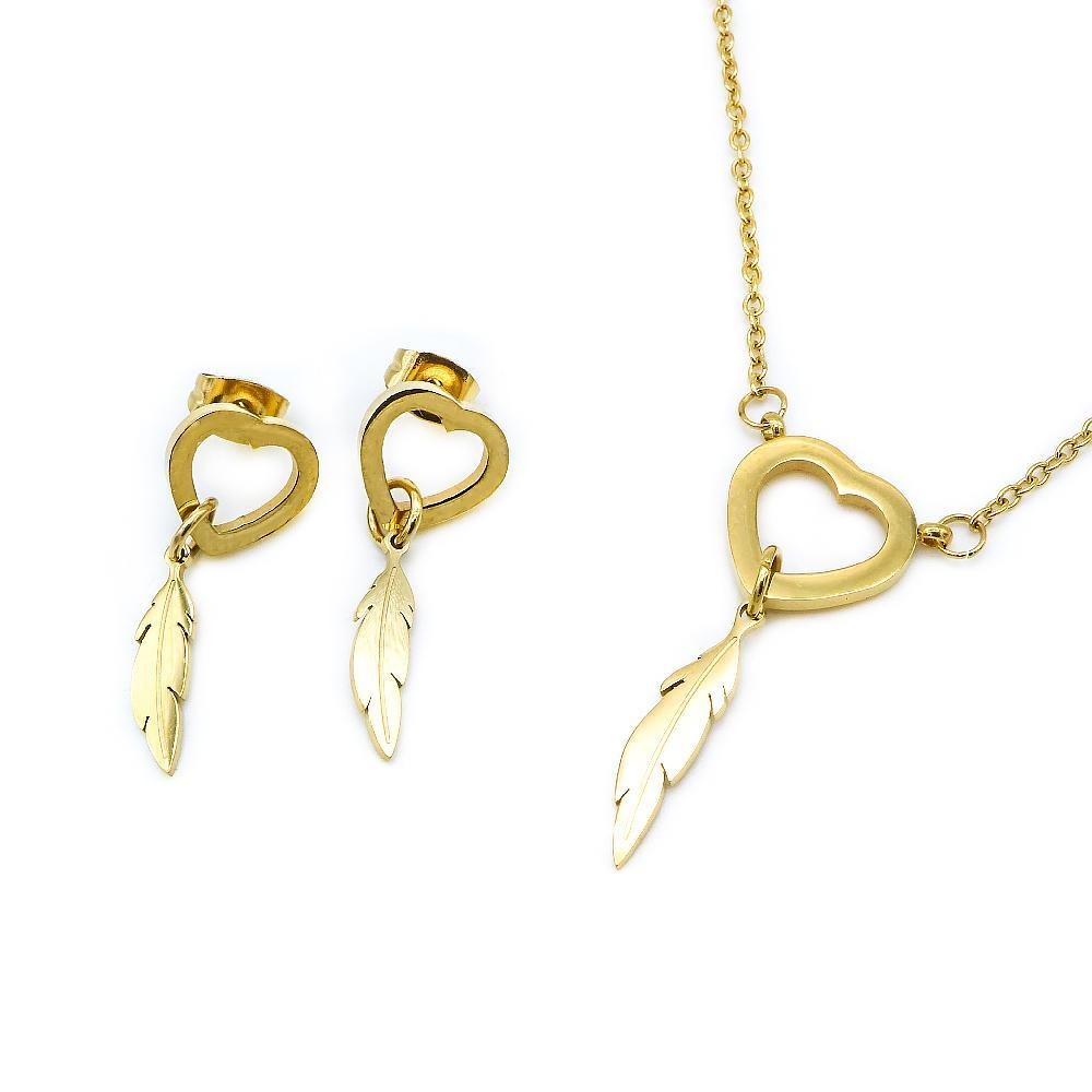 Open Heart with Feather Earrings and Necklace Set