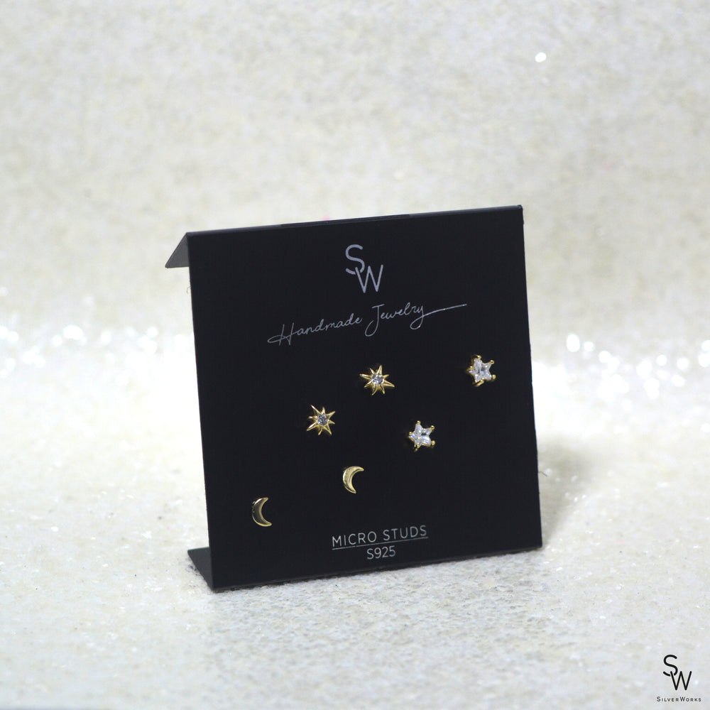 Sylene Halfmoon, Starburst and Star Gold Plated Microstuds Earrings Set Unisex