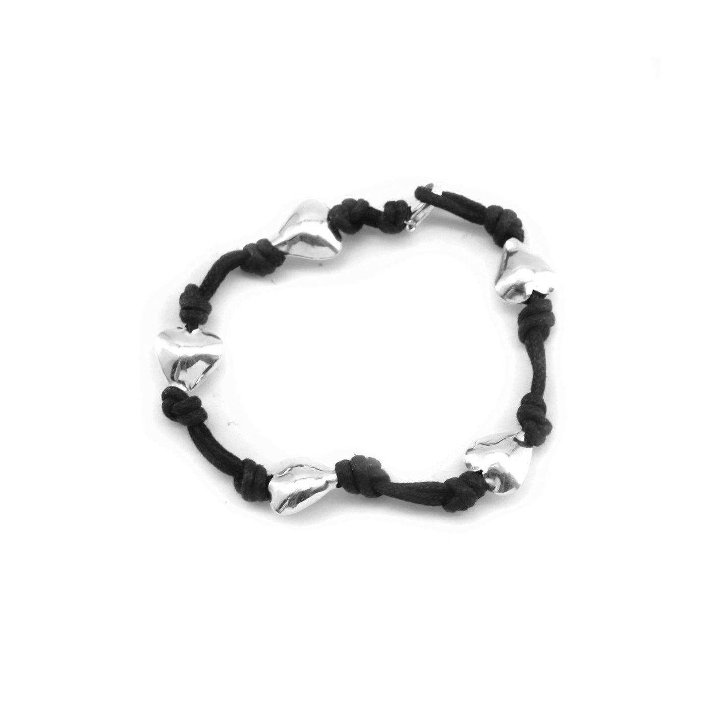 Krisha Knotted Polished Heart Leatherette 925 Sterling Silver Bracelet | SilverWorks