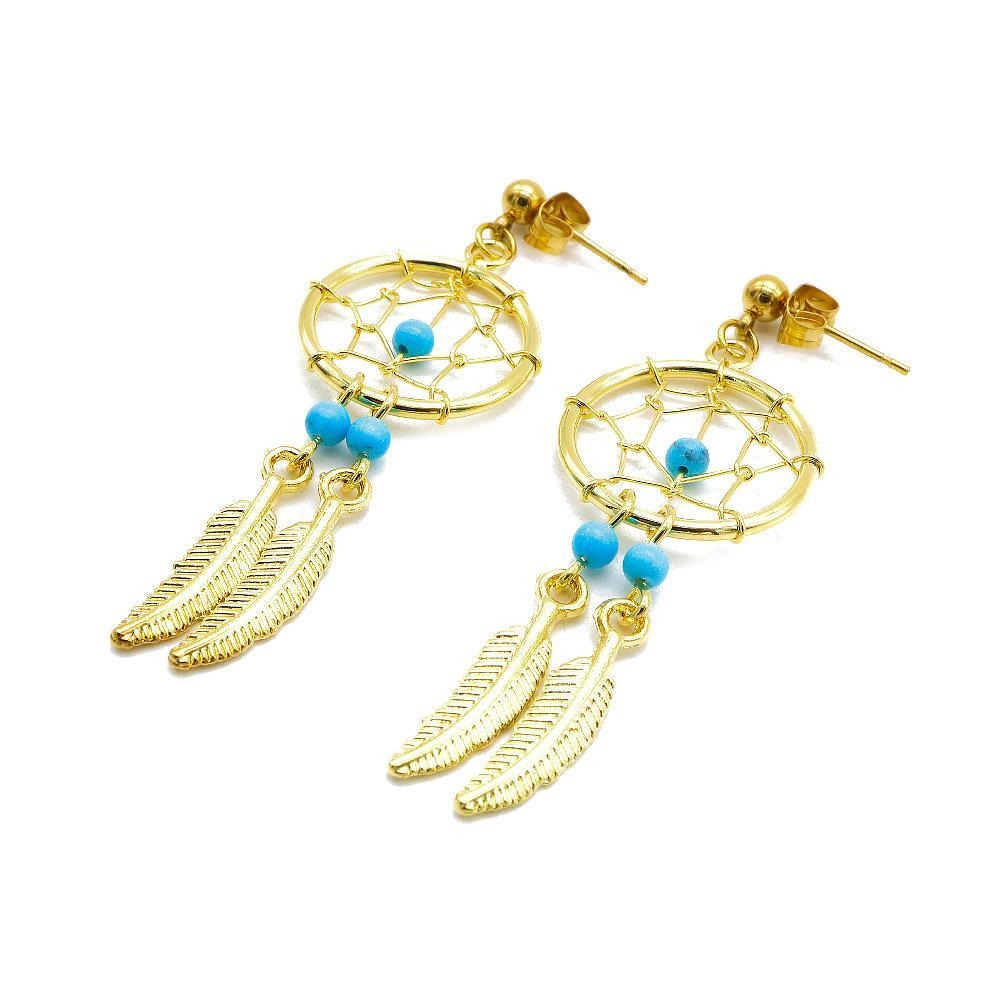 Gold Plated Dreamcatcher with Feather Stainless Steel Hypoallergenic Drop Earrings Philippines | Silverworks