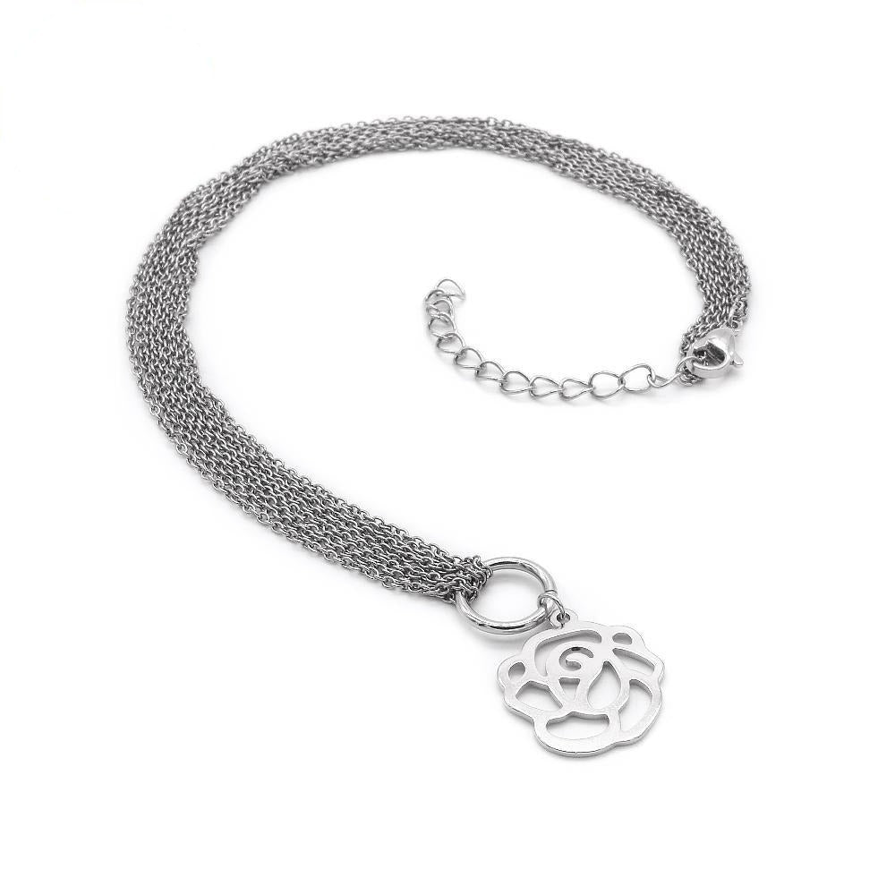 Flora Flat Rose with Layered Chain Stainless Steel Pendant Necklace | SilverWorks