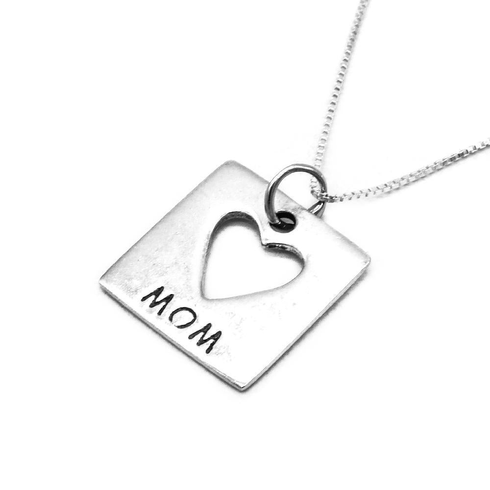 Square Pendant with Cut-Out Heart and Mom Necklace