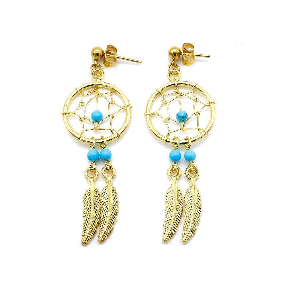 Gold Plated Dreamcatcher with Feather Drop Earrings