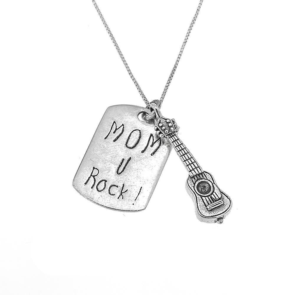 Emari "Mom, U Rock" & Guitar 925 Sterling Silver Pendant Necklace | SilverWorks