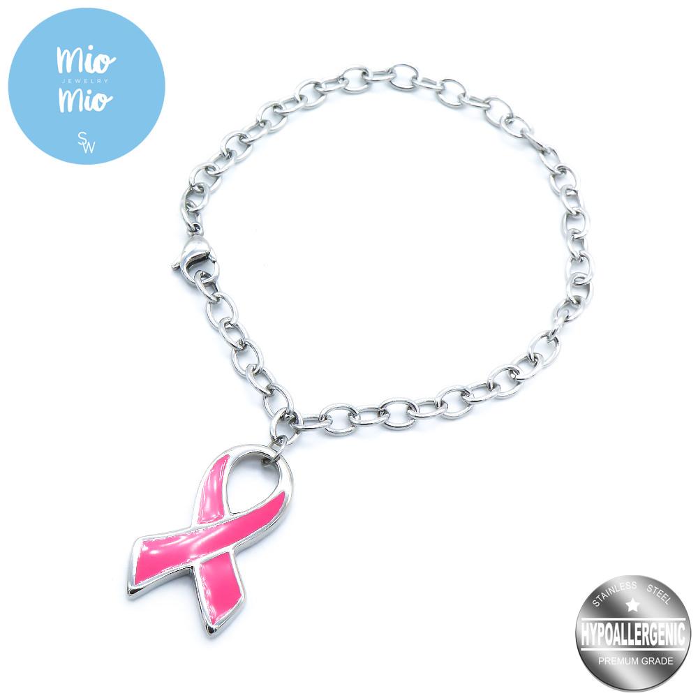 Azalea Pink Enamel Ribbon Stainless Steel Charm Bracelet | SilverWorks