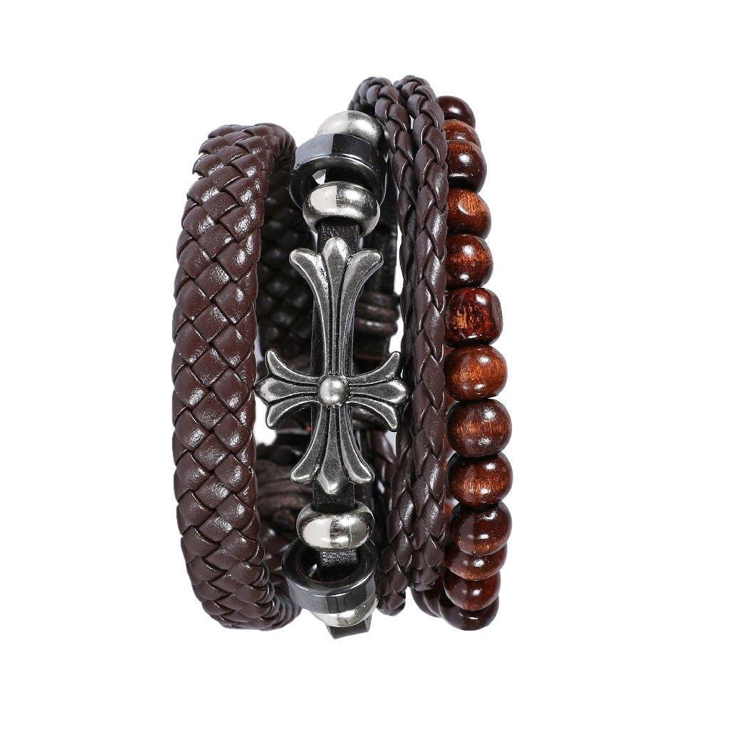 Colby Bead, Cross, Leatherette Stainless Steel Bracelet Set | Silverworks