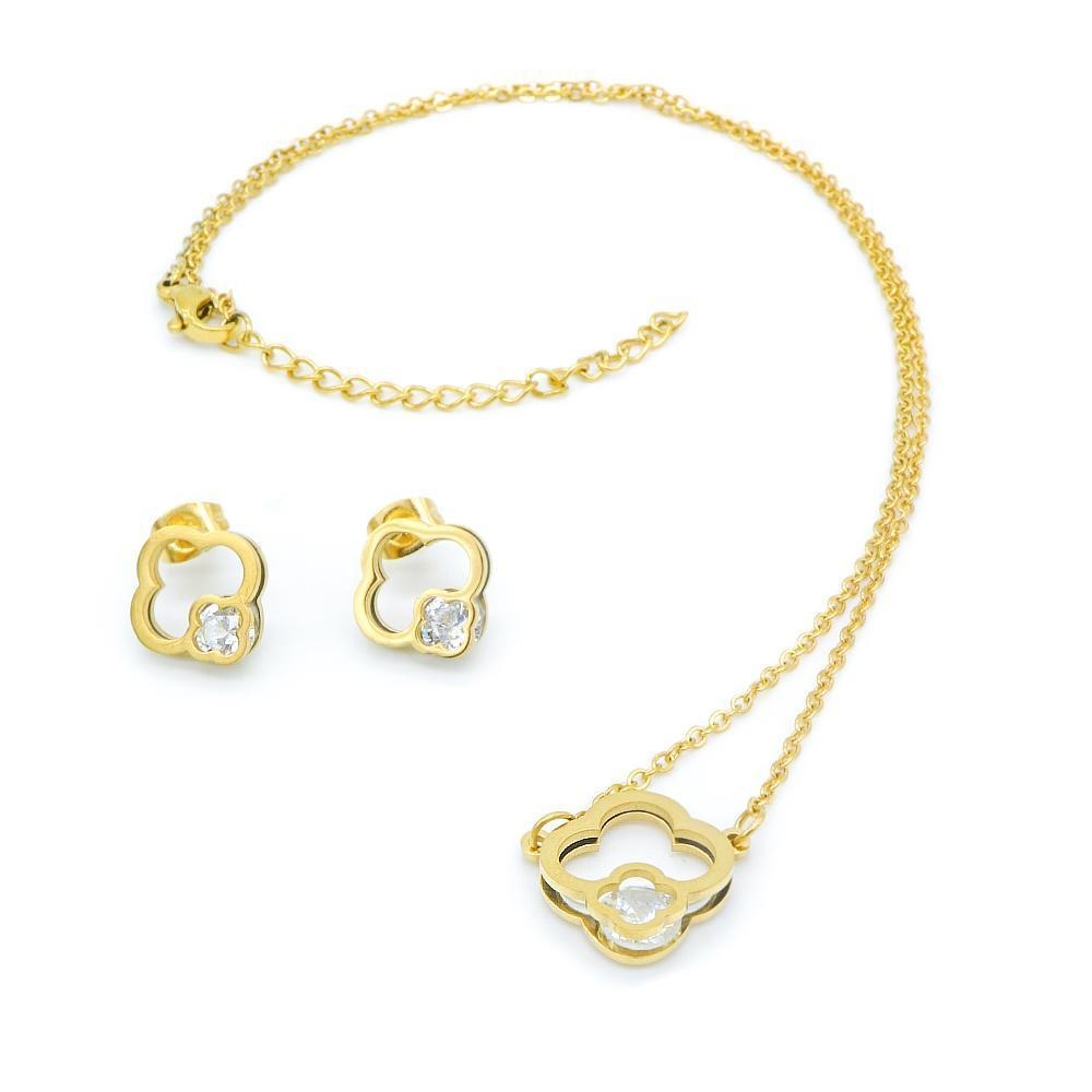 Gold Plated 4 Petal Flower Earrings and Necklace Set