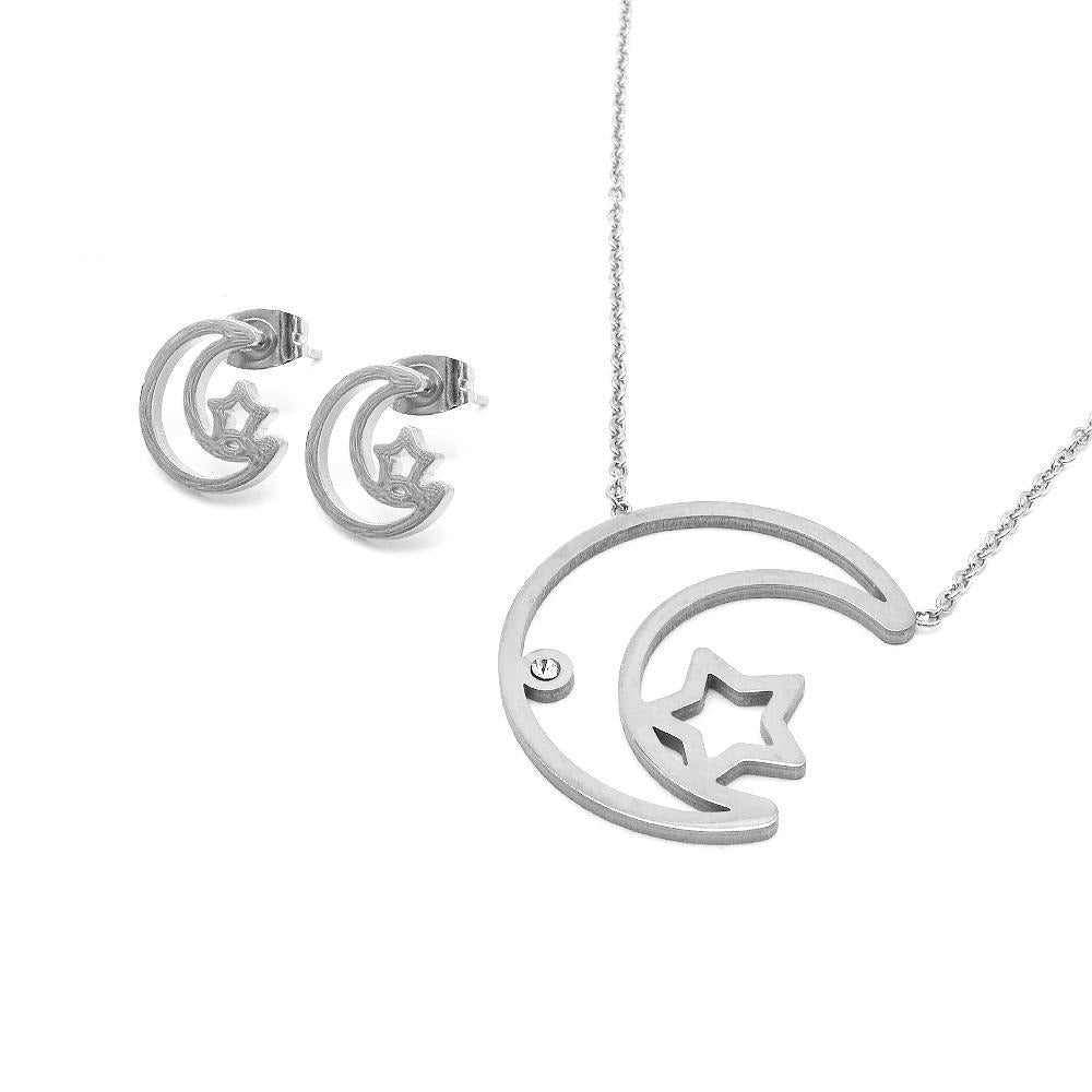 
                
                    Load image into Gallery viewer, Open Moon and Small Star Earrings and Necklace Set Stainless Steel Hypoallergenic Jewelry Set Philippines | Silverworks
                
            