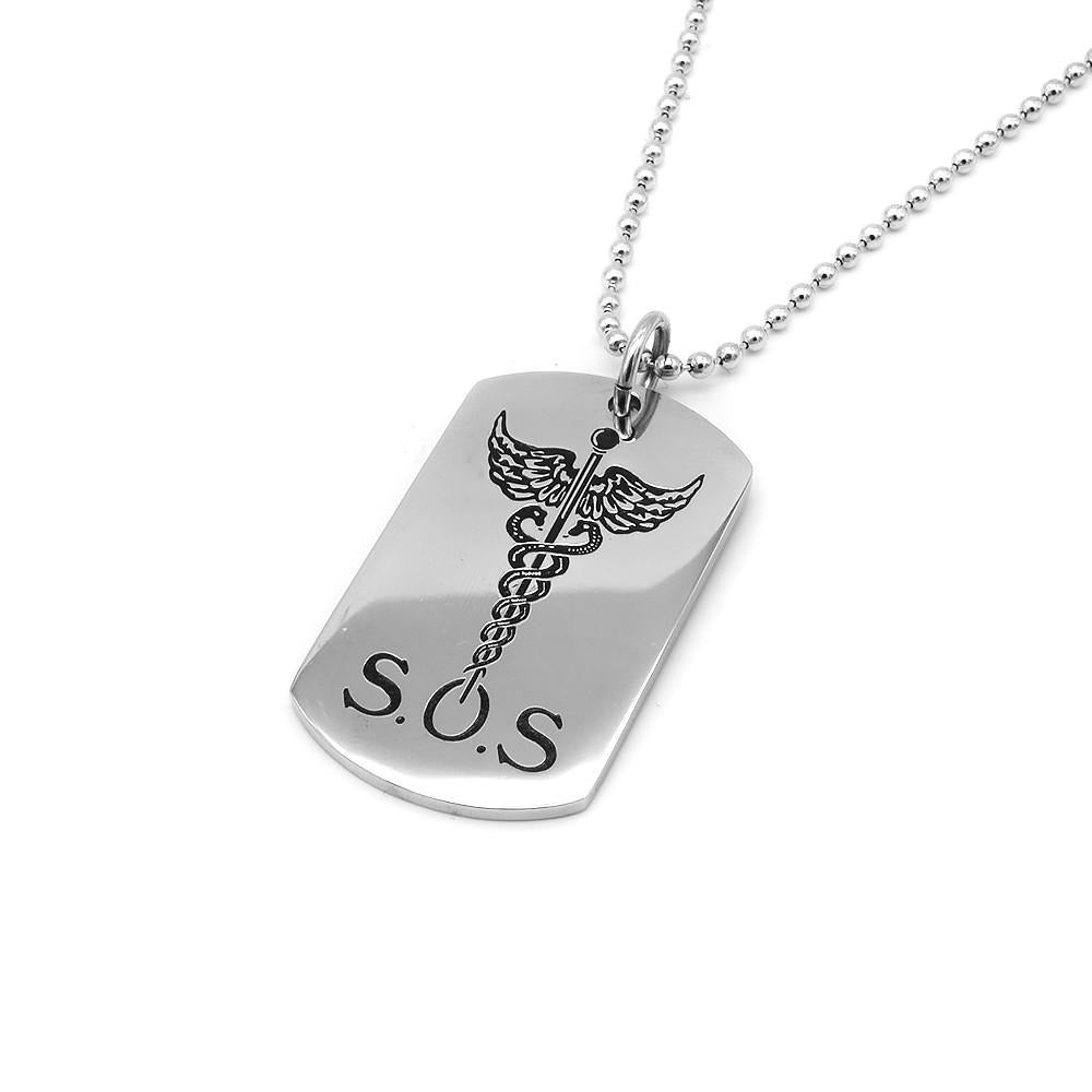 Mattie Medical Symbol SOS Engravable Stainless Steel Dog TagNecklace | SilverWorks