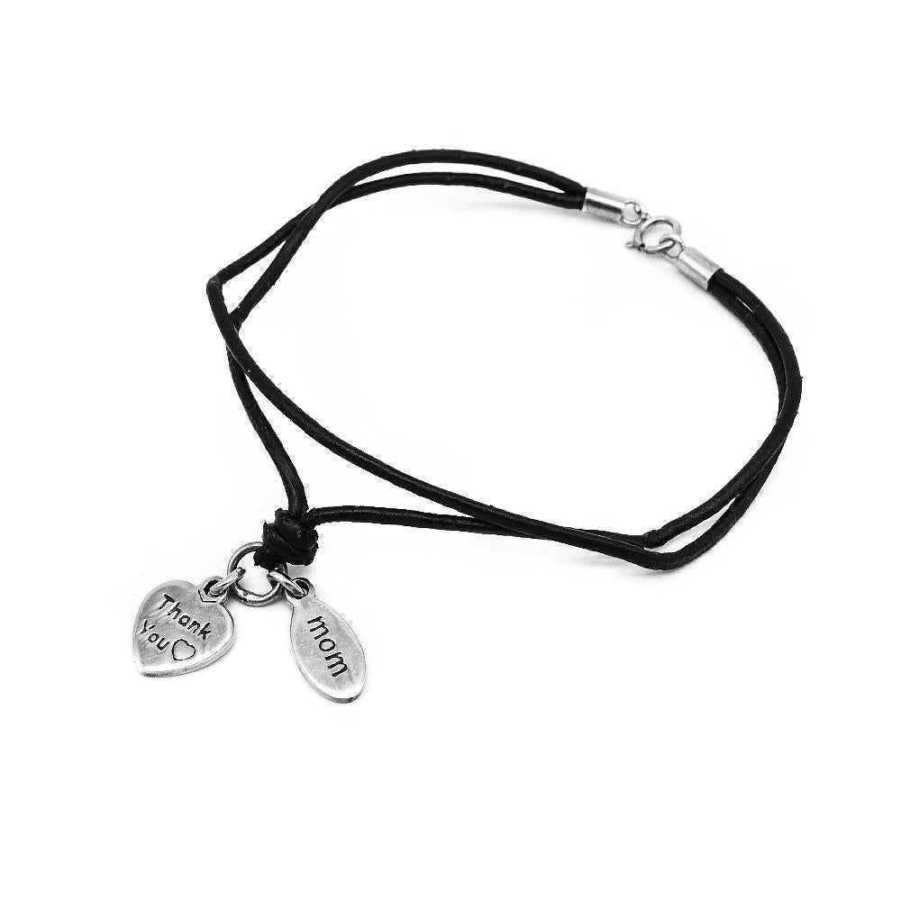 Conary Engraved Silver Thank You Mom Heart and Oval Charms Leather Bracelet