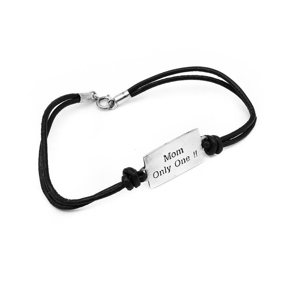 Cookie "Mom" Only One Engraved ID Bar 925 Sterling Silver on Leather Bracelet | SilverWorks