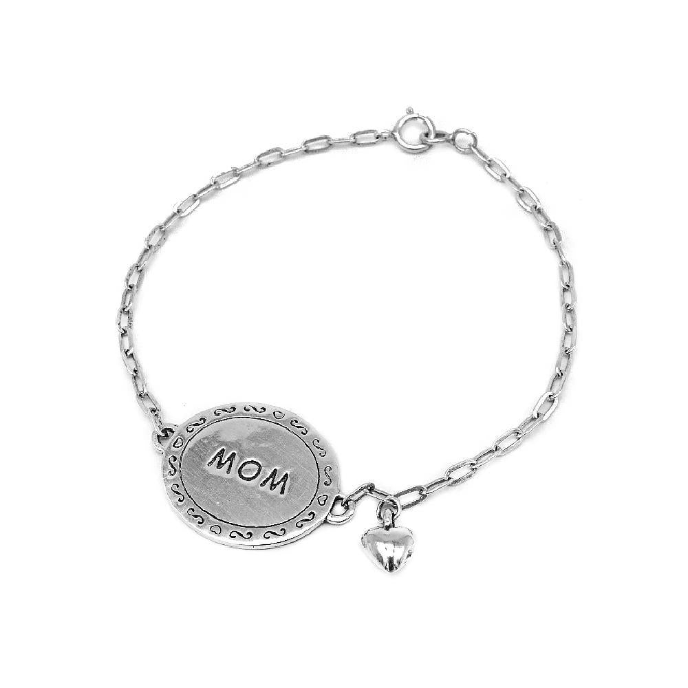 Creola "Mom" Engraved & Puff Heart 925 Sterling Silver Charm Bracelet | SilverWorks