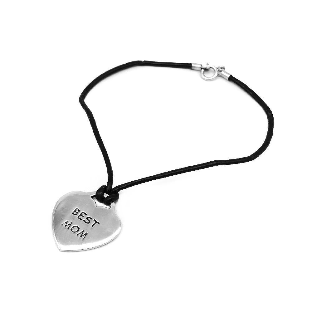 Cadelaria "Best Mom" Engraved Heart 925 Sterling Silver on Leather Bracelet | SilverWorks
