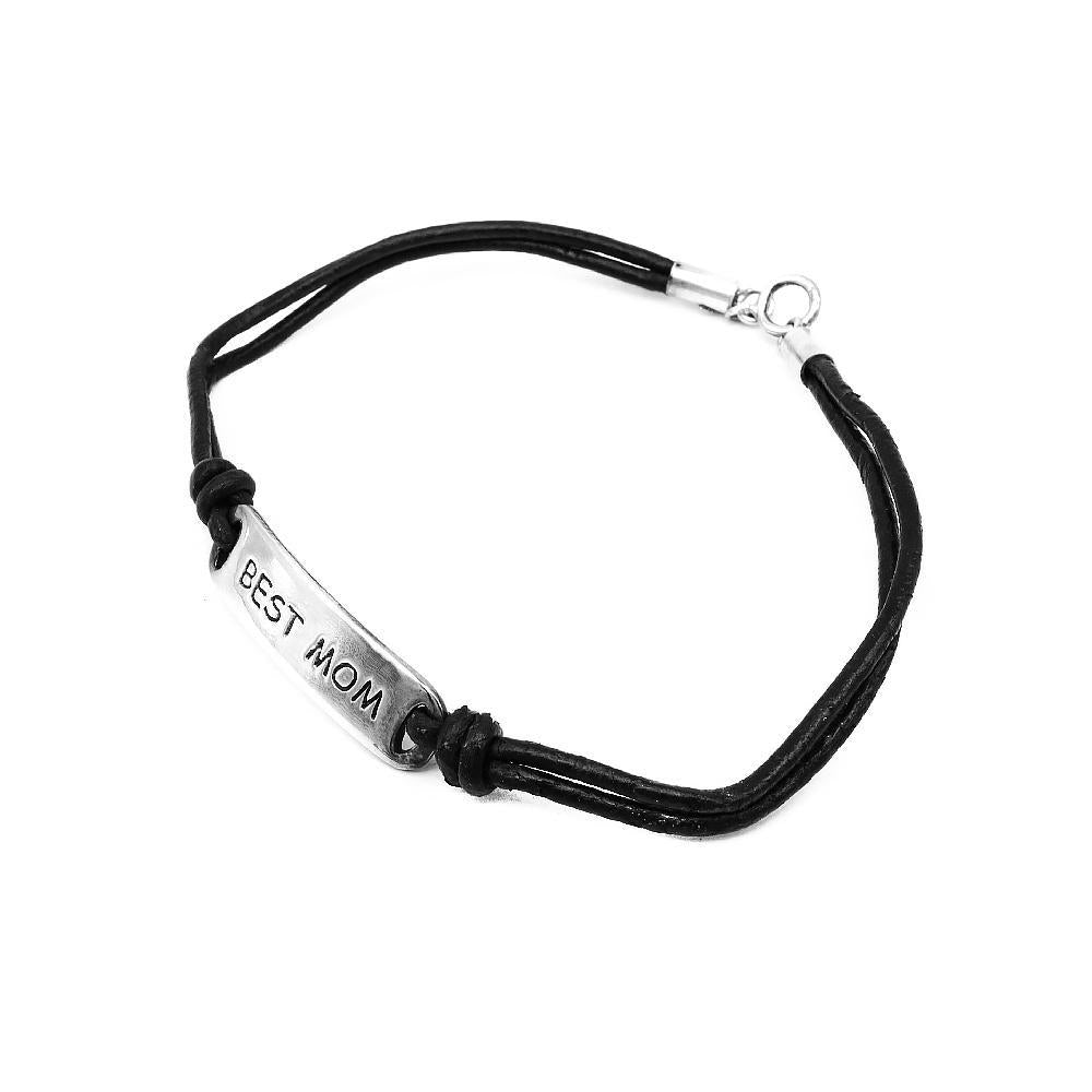 Canta "Best Mom" Engraved 925 Sterling Silver on Leather Bracelet | SilverWorks