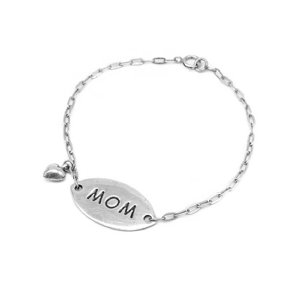 Carleigh Engraved Silver Mom and Puff heart Charm Bracelet with Chevel Chain