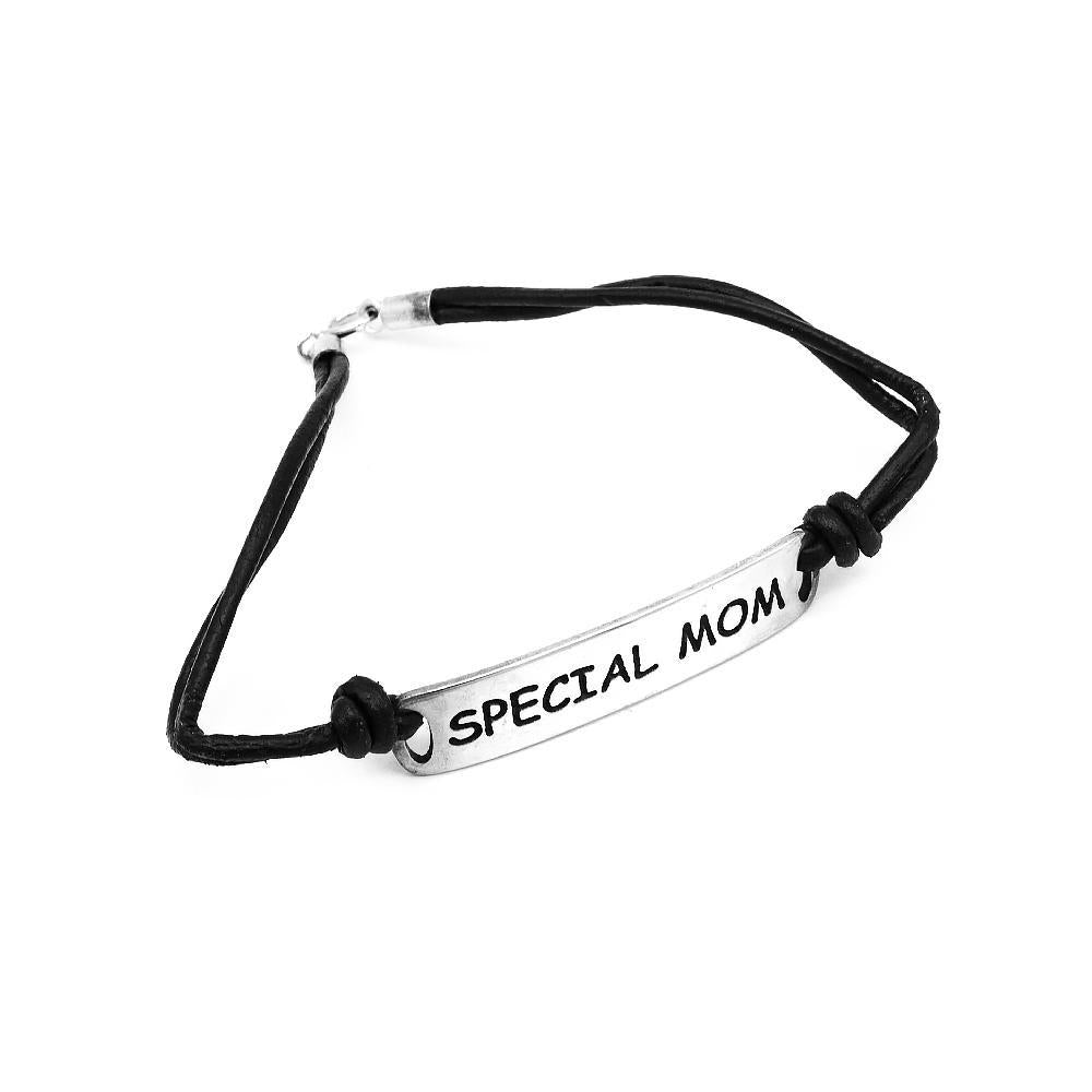 Cardea Engraved Silver Special Mom ID Bar Leather Bracelet