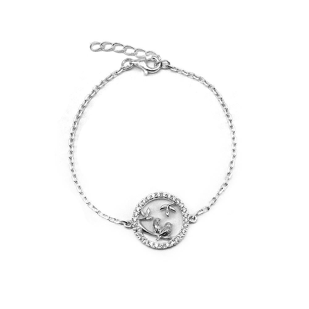 Chastity Love Birds on Open Round Charm Silver Bracelet with Zirconia Stones