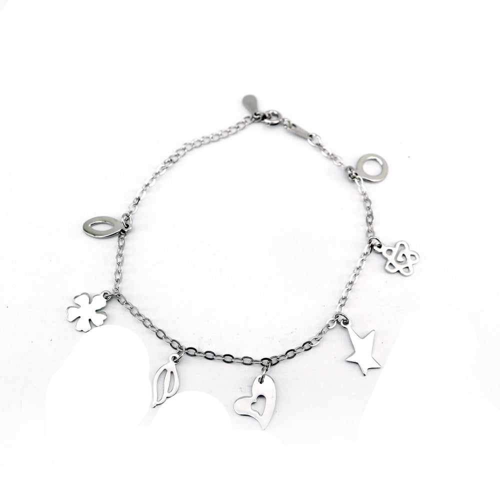 Czarina Flower,  Heart and Star Charms Silver Bracelet