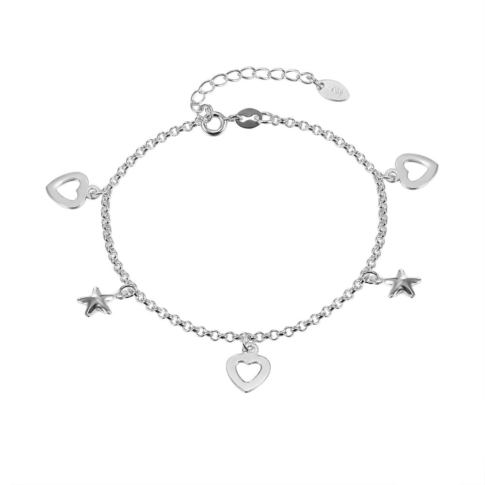 Claire Silver Puff Star and Open Heart Charm Bracelet