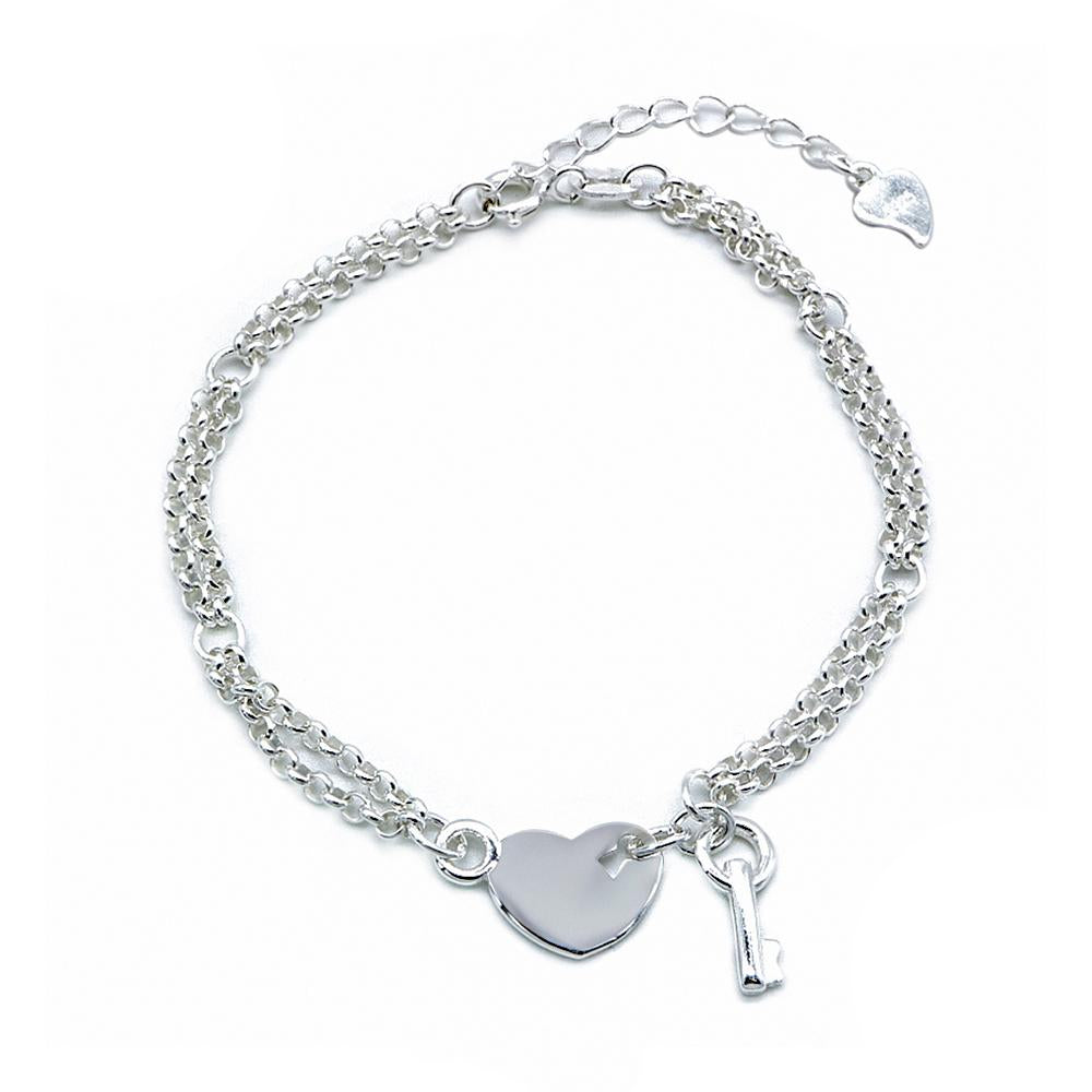 Cora Silver Double Rolo Chain Bracelet with Heart and Key