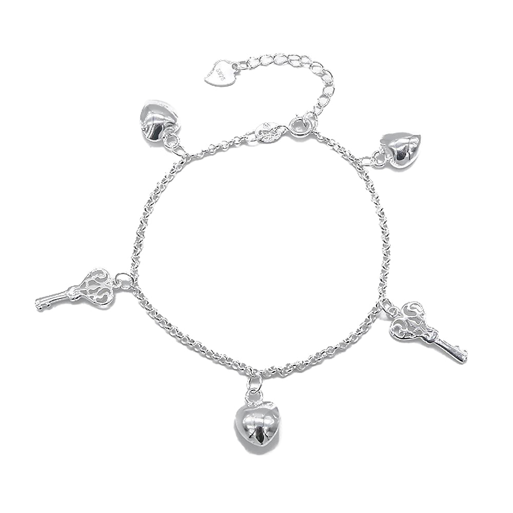 Catalina Silver Bracelet with Puff Heart and Key Charms