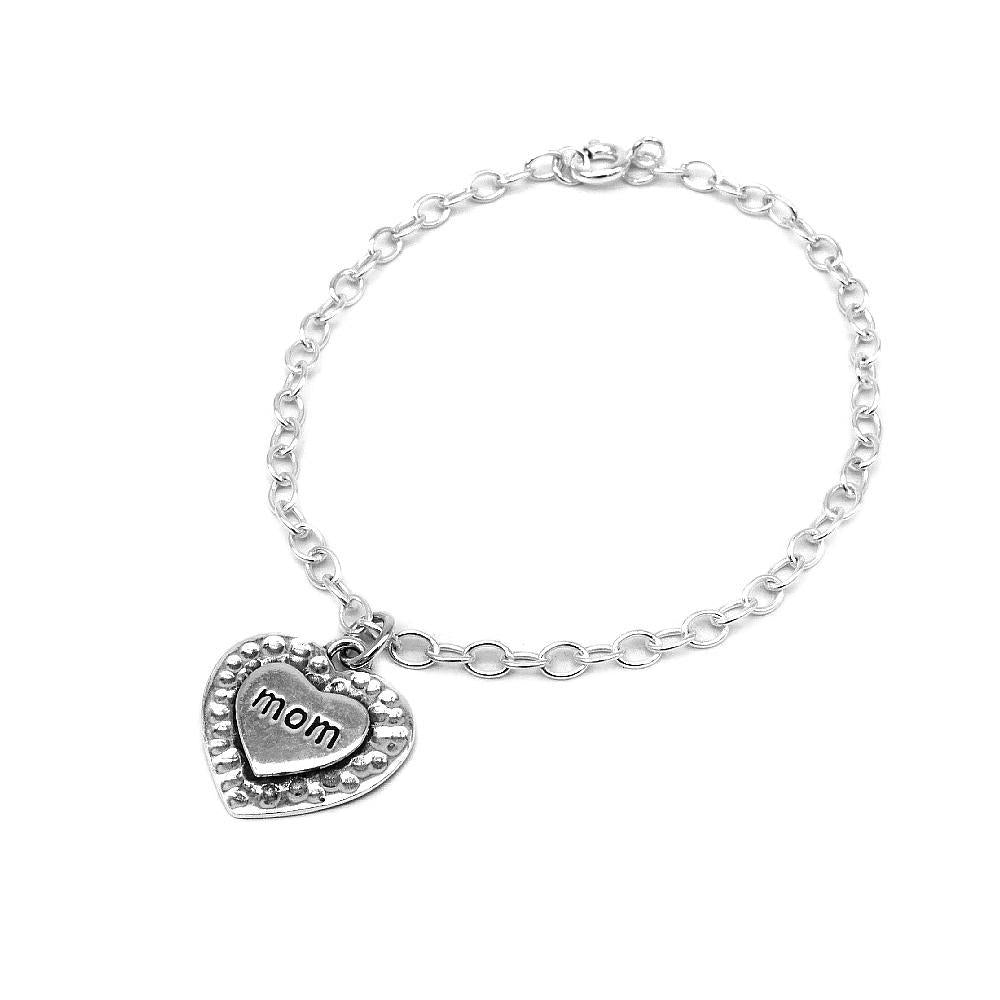 Mom Engraved Double Heart 925 Sterling Silver Charm Bracelet | SilverWorks