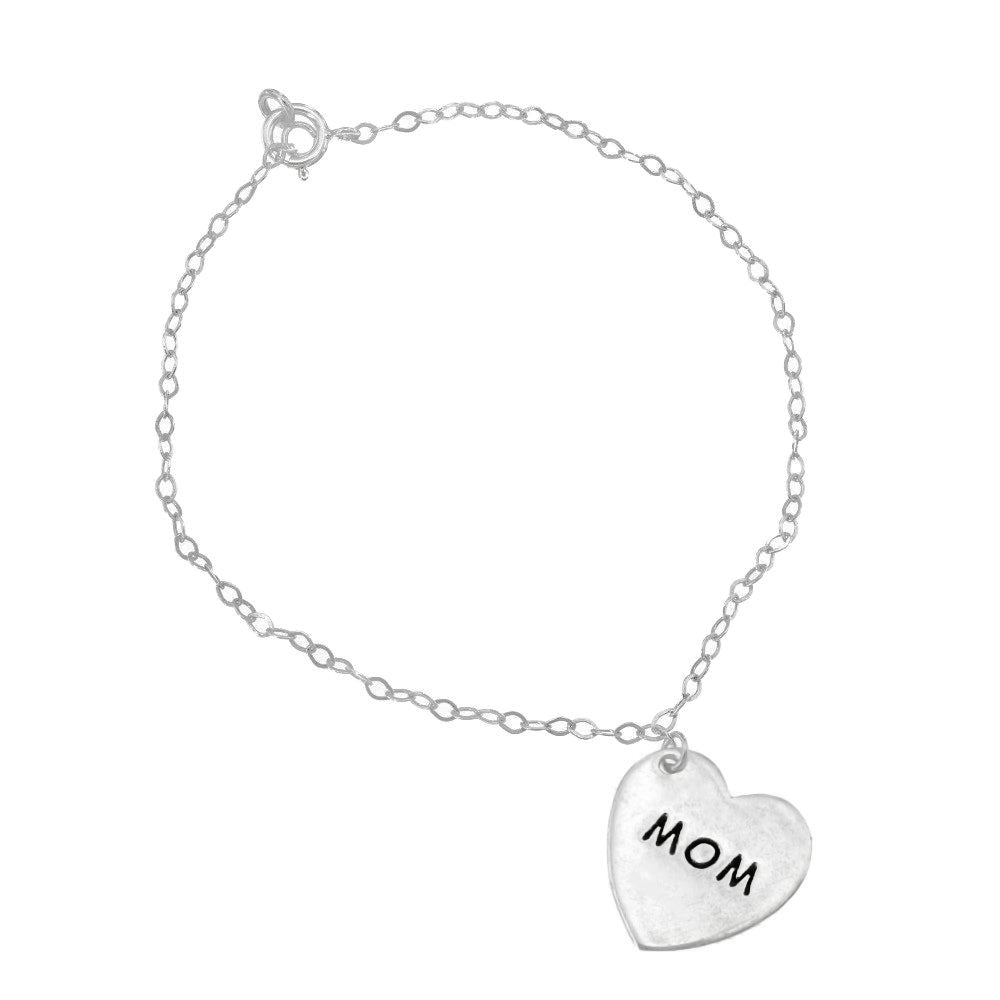 Crane Engraved Silver Mom Heart Charm Bracelet with Anchor Chain
