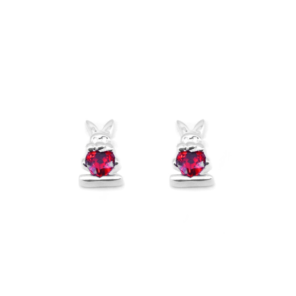 Bunny with Red Heart Zirconia Stud Earrings