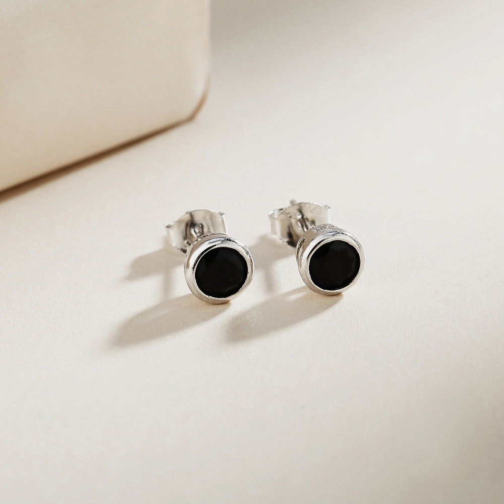 Madelhari Black Onyx Round Bezel Silver Stud Earrings