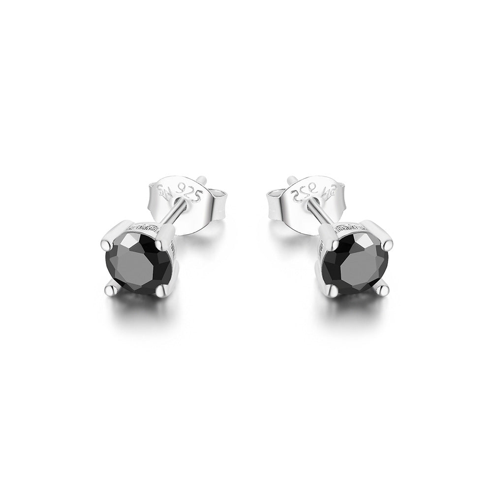 Magnild Black Onyx with Round Four Prong Silver Stud Earrings