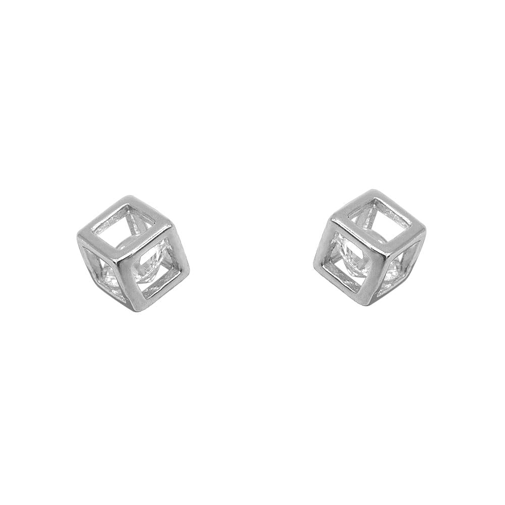 Nikita Sphere in Cube Silver Stud Earrings with Cubic Zirconia