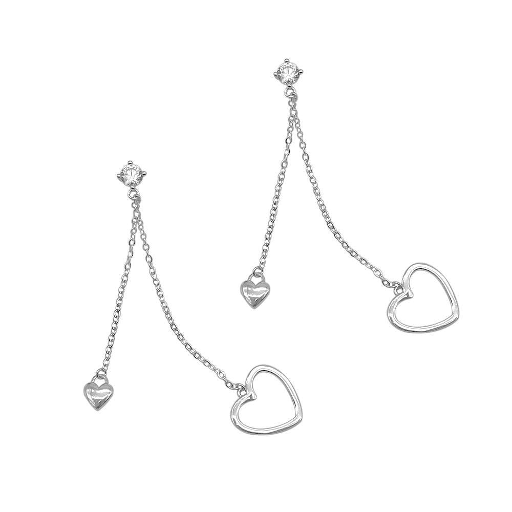 4 Prong CZ with Chained Puff and Open Heart Drop Earrings