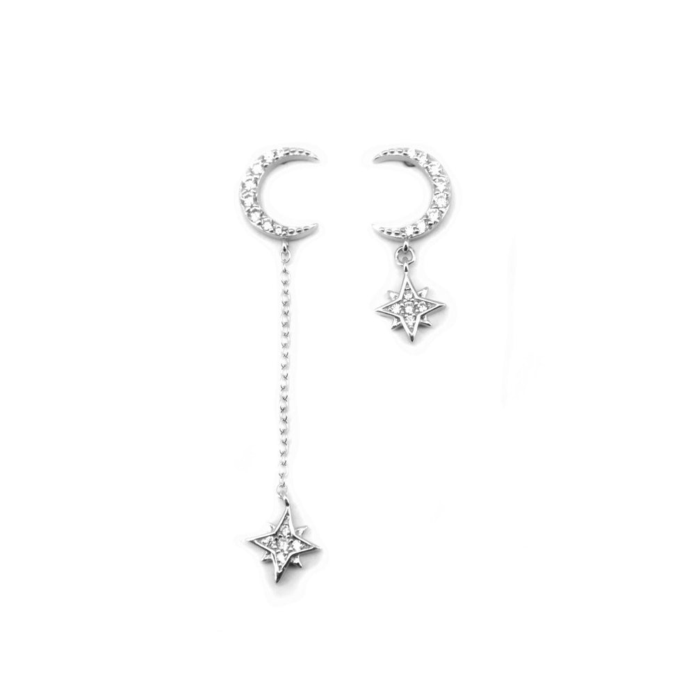 
                
                    Load image into Gallery viewer, Crescent Moon with Polaris Star 925 Sterling Silver Drop Earrings Philippines | Silverworks
                
            