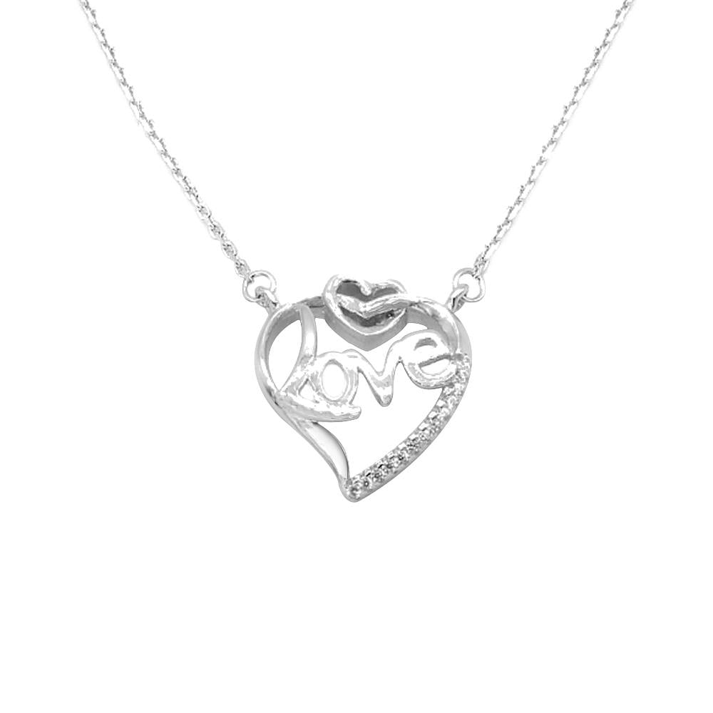 Huberta Love in Open Heart Silver Necklace with Zirconia Stones and Rolo Chain