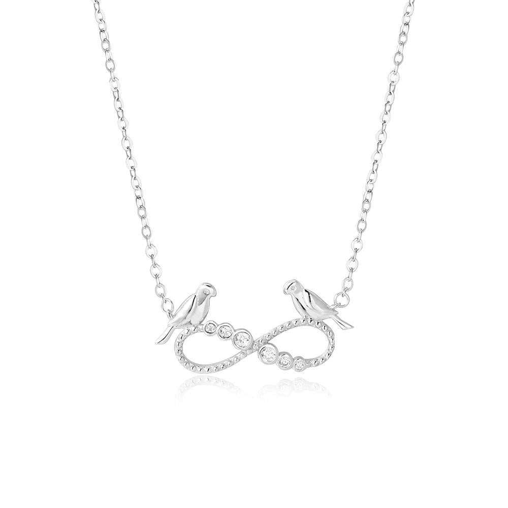 Havva Infinity and Love Birds Silver Necklace with Zirconia Stones and Rolo Chain
