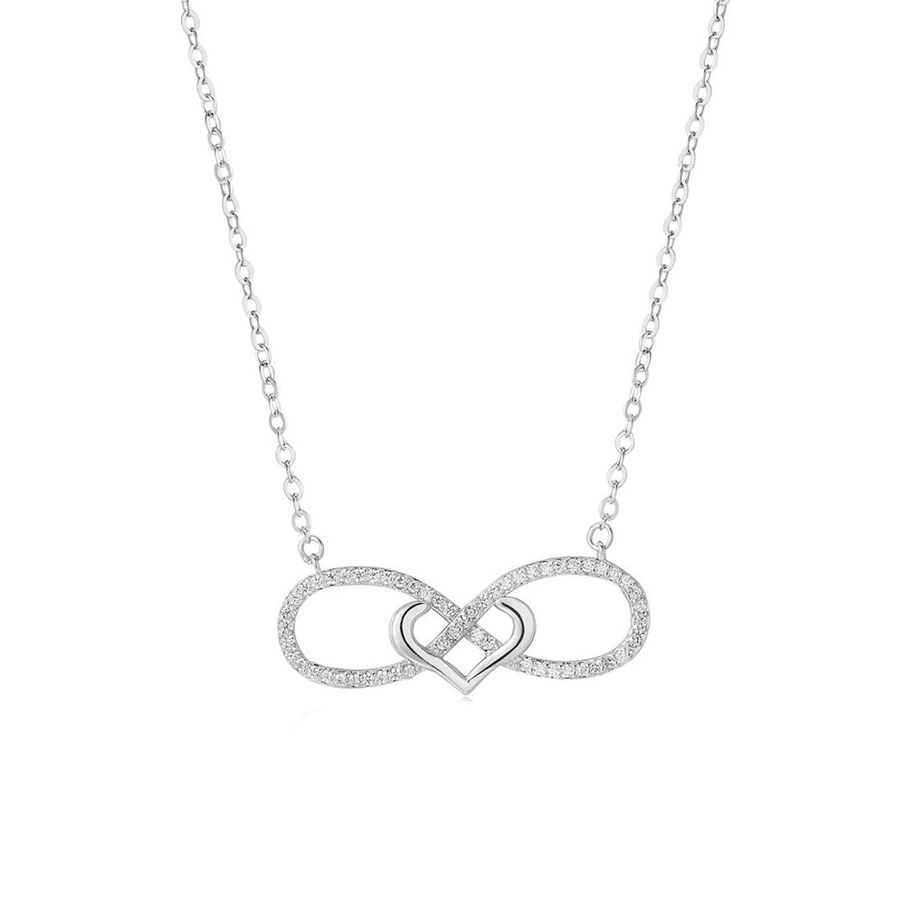 Haukea Infinity and Heart Knot Silver Necklace with Zirconia Stones and Rolo Chain
