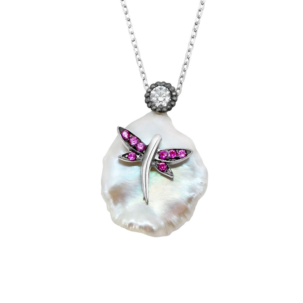 
                
                    Load image into Gallery viewer, Helia Dragonfly on Baroque Pearl with Zirconia Stones 925 Sterling Silver Necklace Philippines | Silverworks
                
            