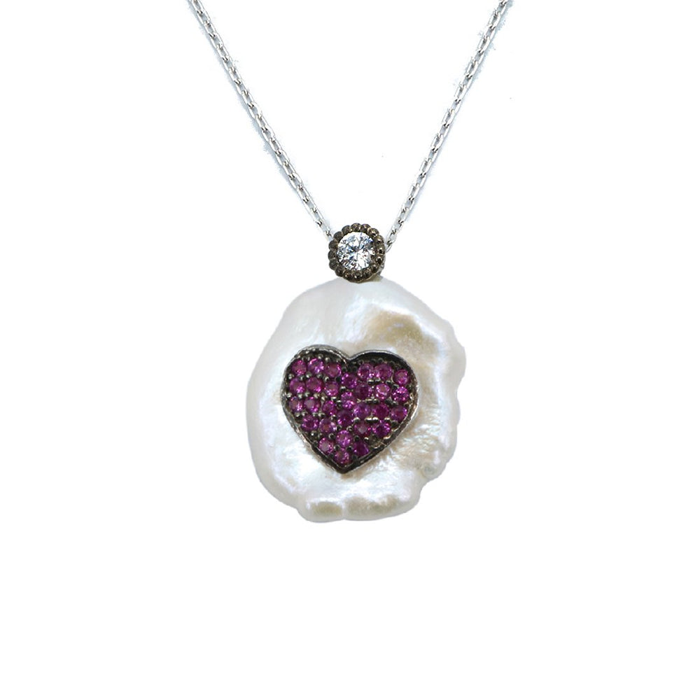 Hudson Pink Heart in Baroque Pearl Silver Necklace For Women