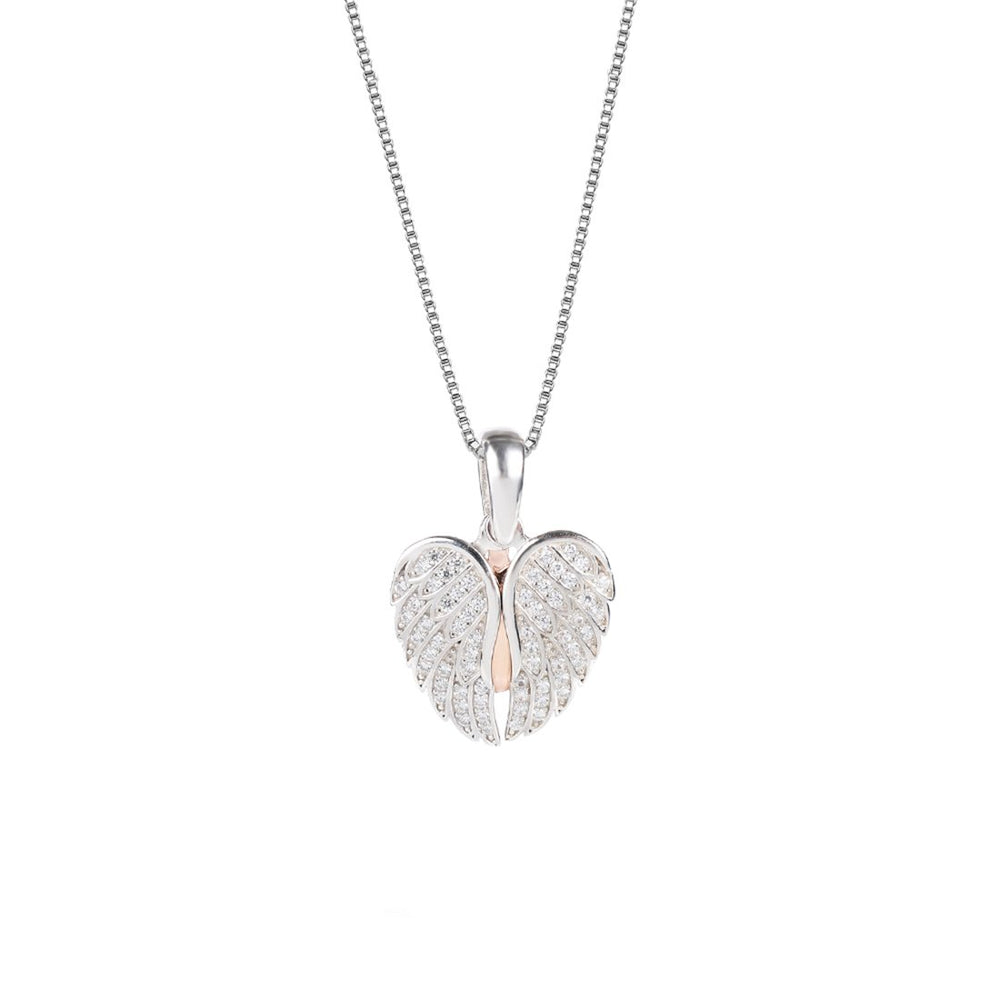 Haven Heart and Pave Sliding Wings Cover Silver Necklace with Zirconia Stones